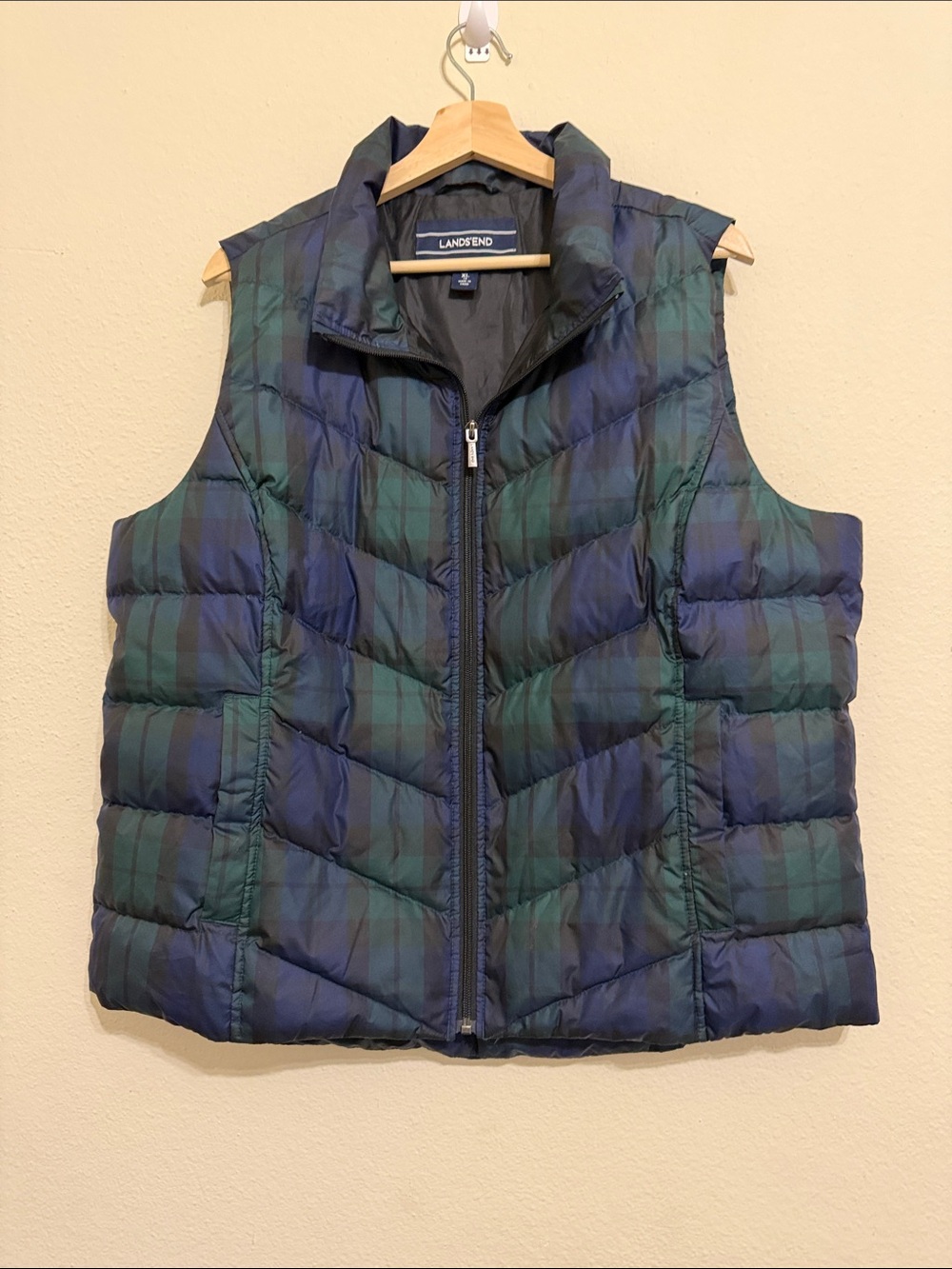 Lands' End Navy and Green Plaid Quilted Puffer Vest